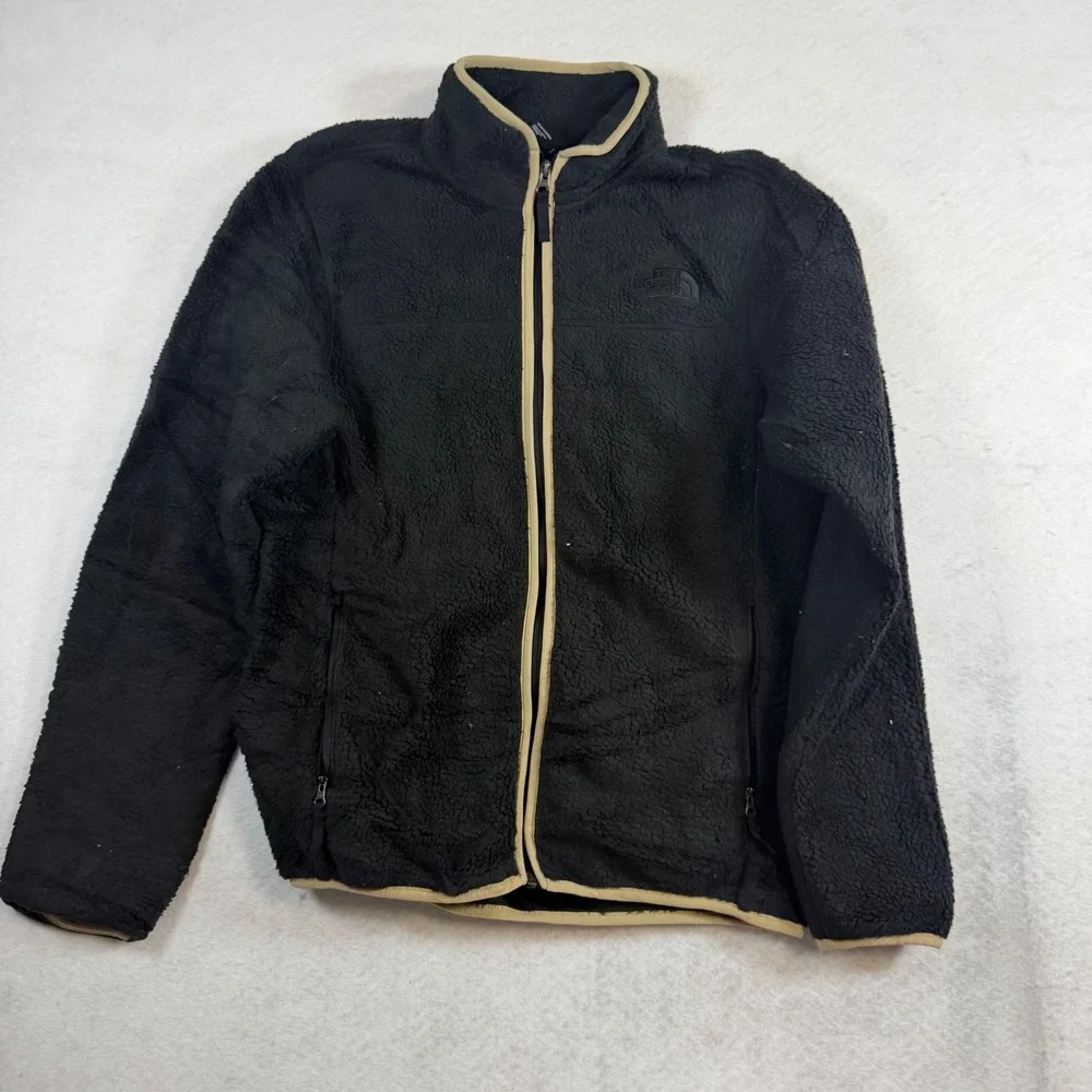 The North Face Mens Black Sherpa Fleece Full Zip Jacket Tan Trim Small 8061